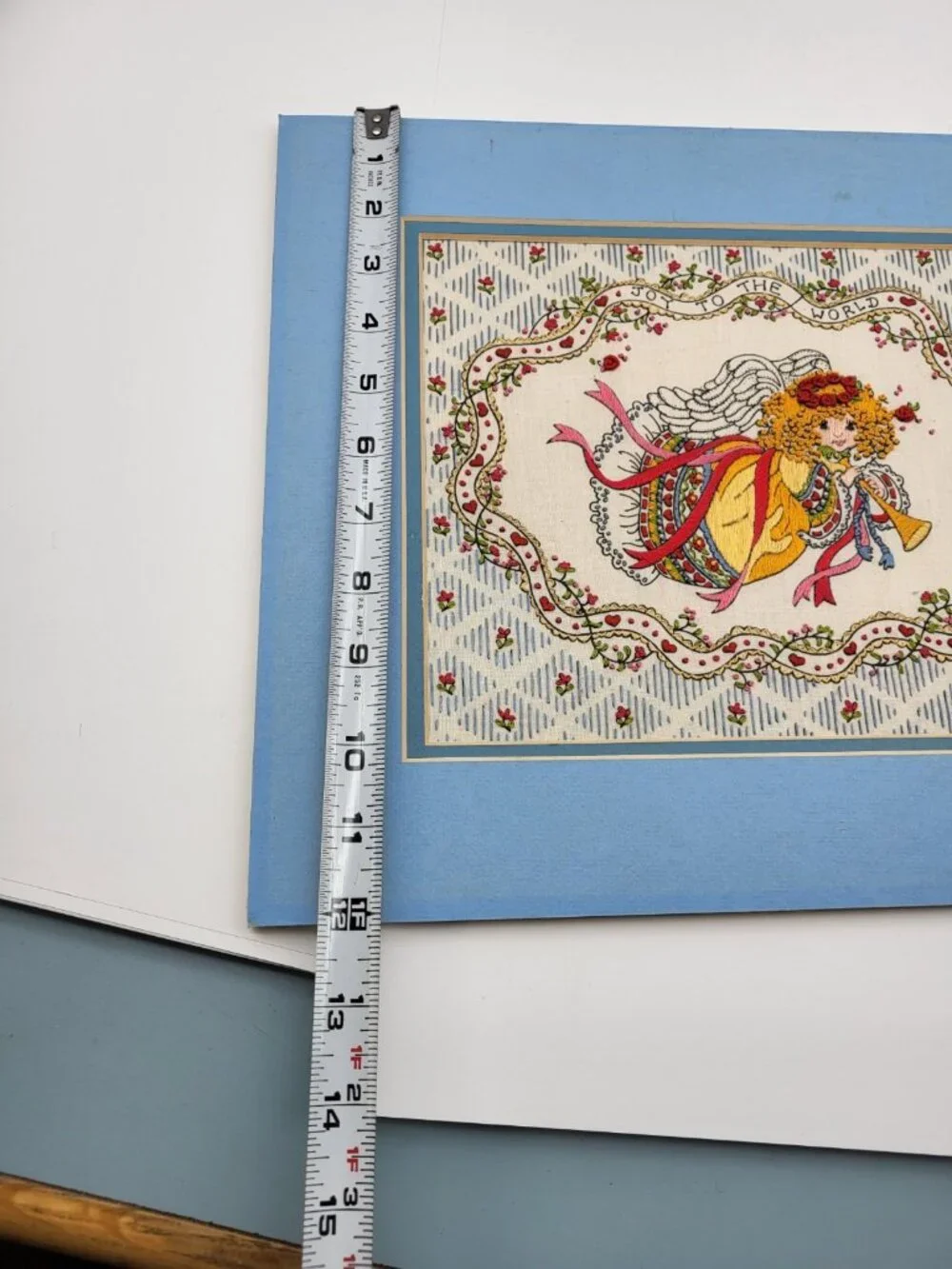 Vintage Herald Angel Embroidered needlepoint picture Textured Joy to the world